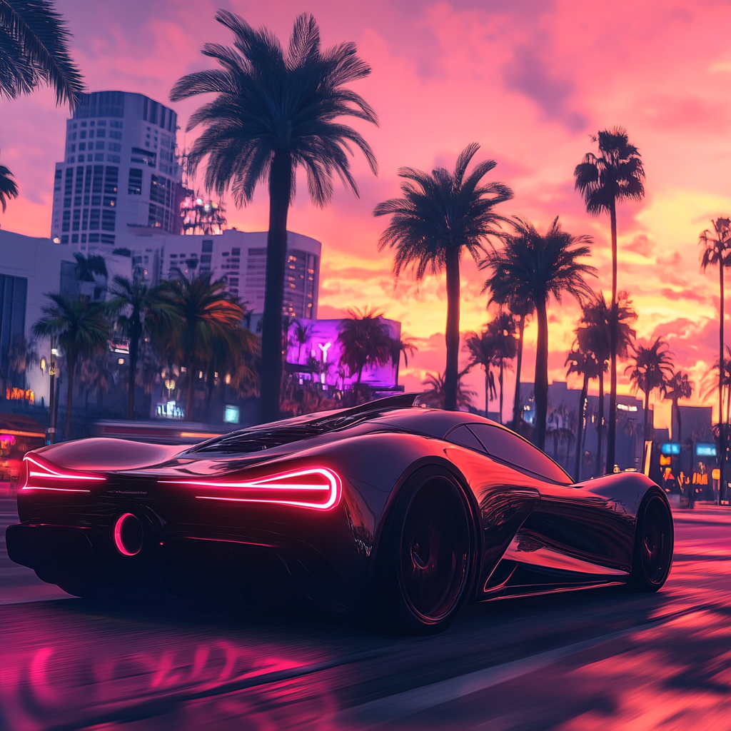 Sports car drives through vibrant city, reflecting neon lights.