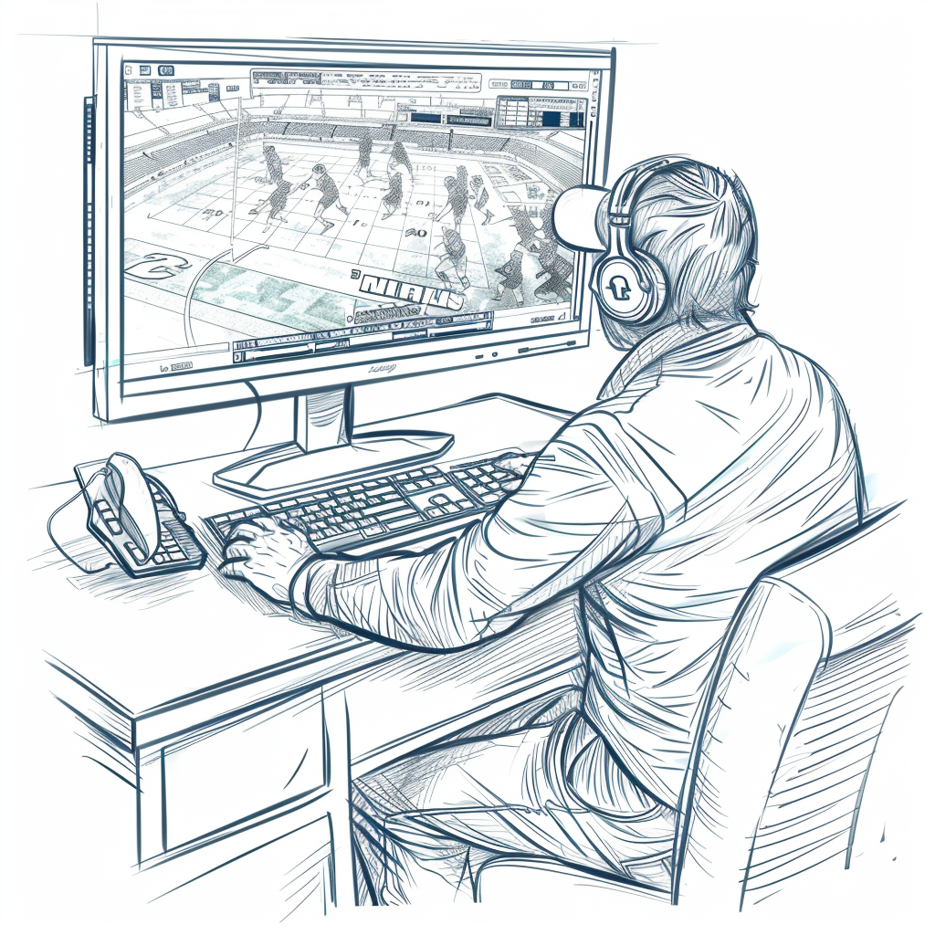 Sports gambler analyzing stats on computer, watching football game.