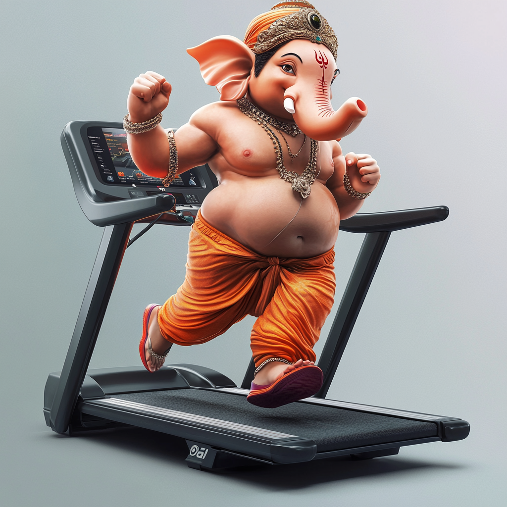 Sporty Lord Ganesh sweating on treadmill in sportswear.