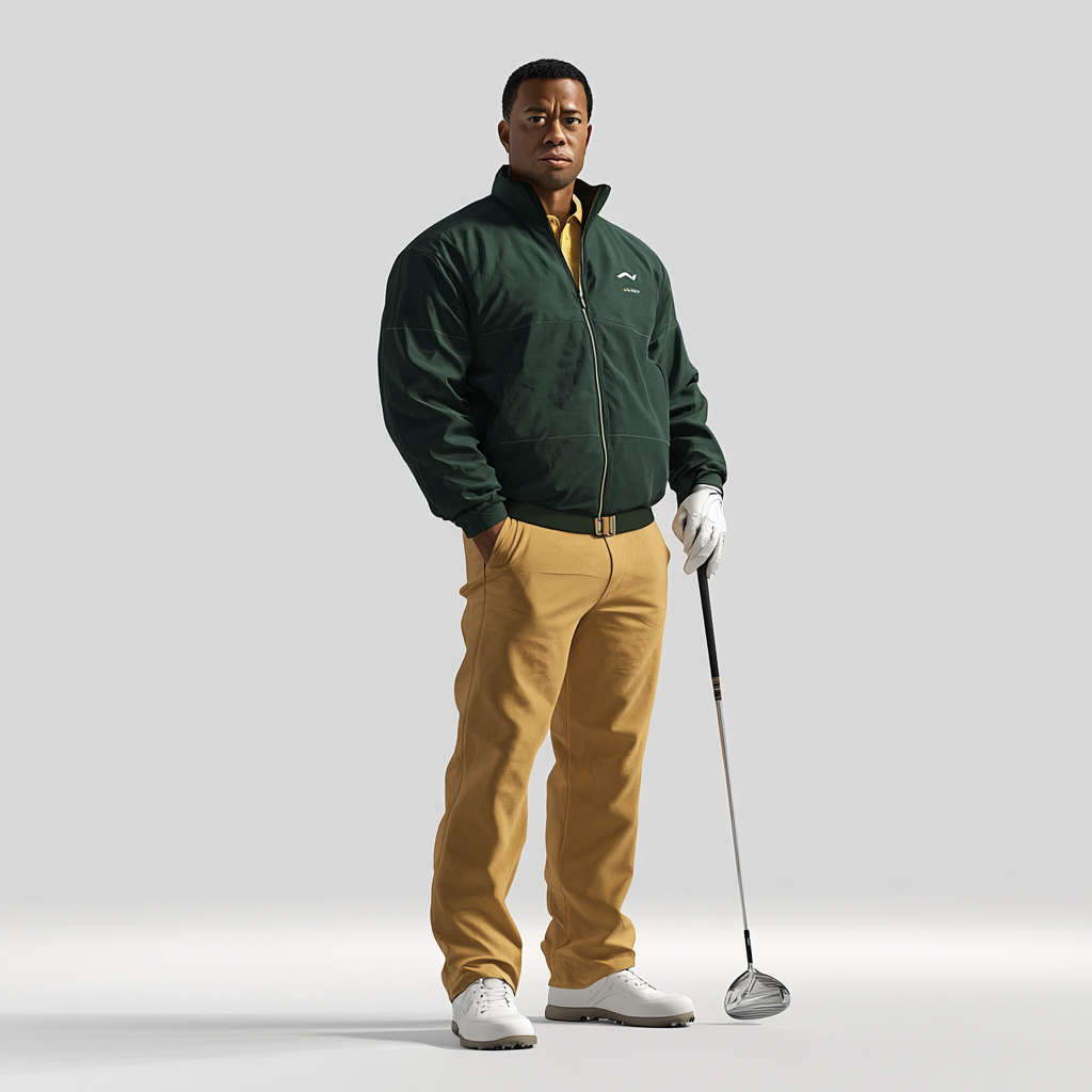 Sporty tiger woods in tan and green attire.