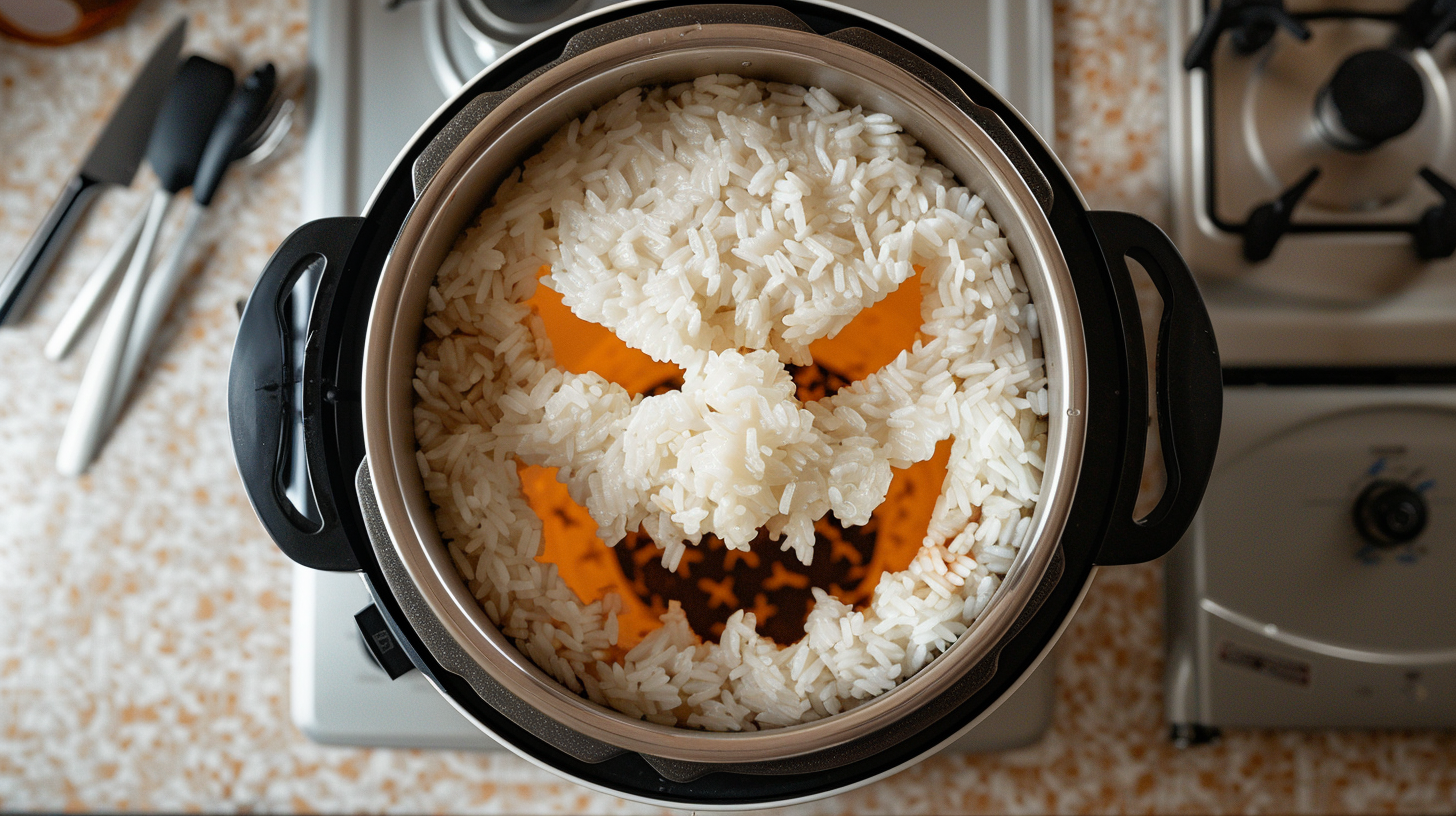 Spotless Kitchen with Demon-faced Burnt Rice in Cooker