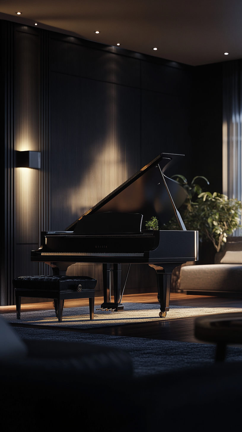 Spotlight shining on grand piano in dark room