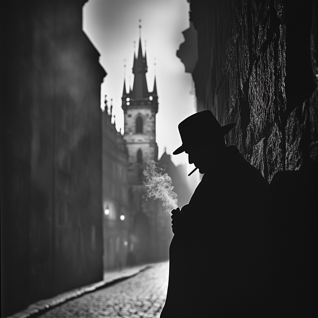 Spy in a hat leaning against wall smokes cigarette.