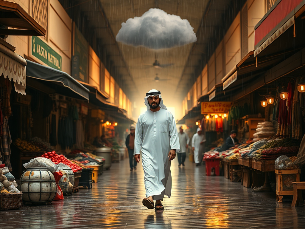 Spy watches man in Arabic attire in bustling market.