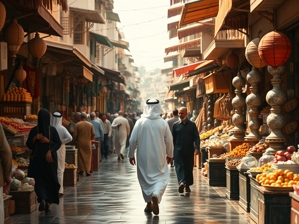 Spy watches man in foreign market, bustling with activity.