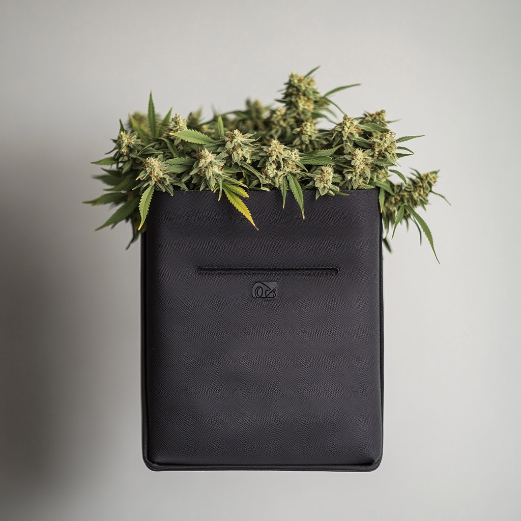 Square Black Device for Tote with Cannabis Flowers 