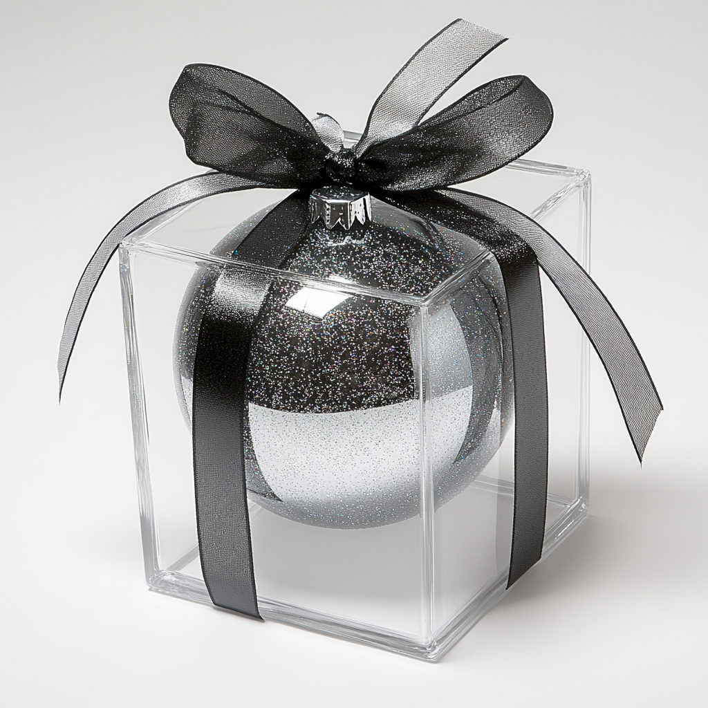 Square gift box with silver & black ribbon, glitter sphere.