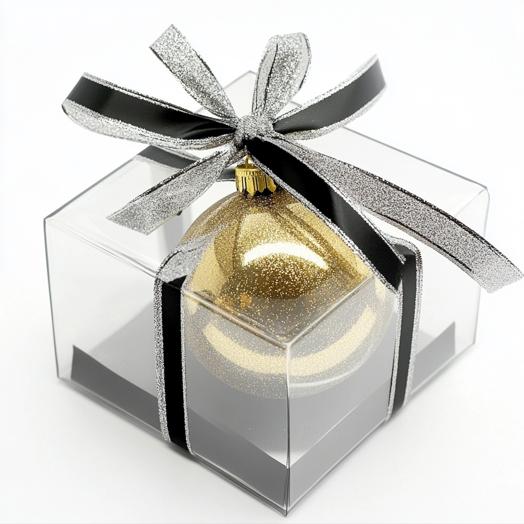 Square gift box with silver & black ribbon, gold glass sphere.