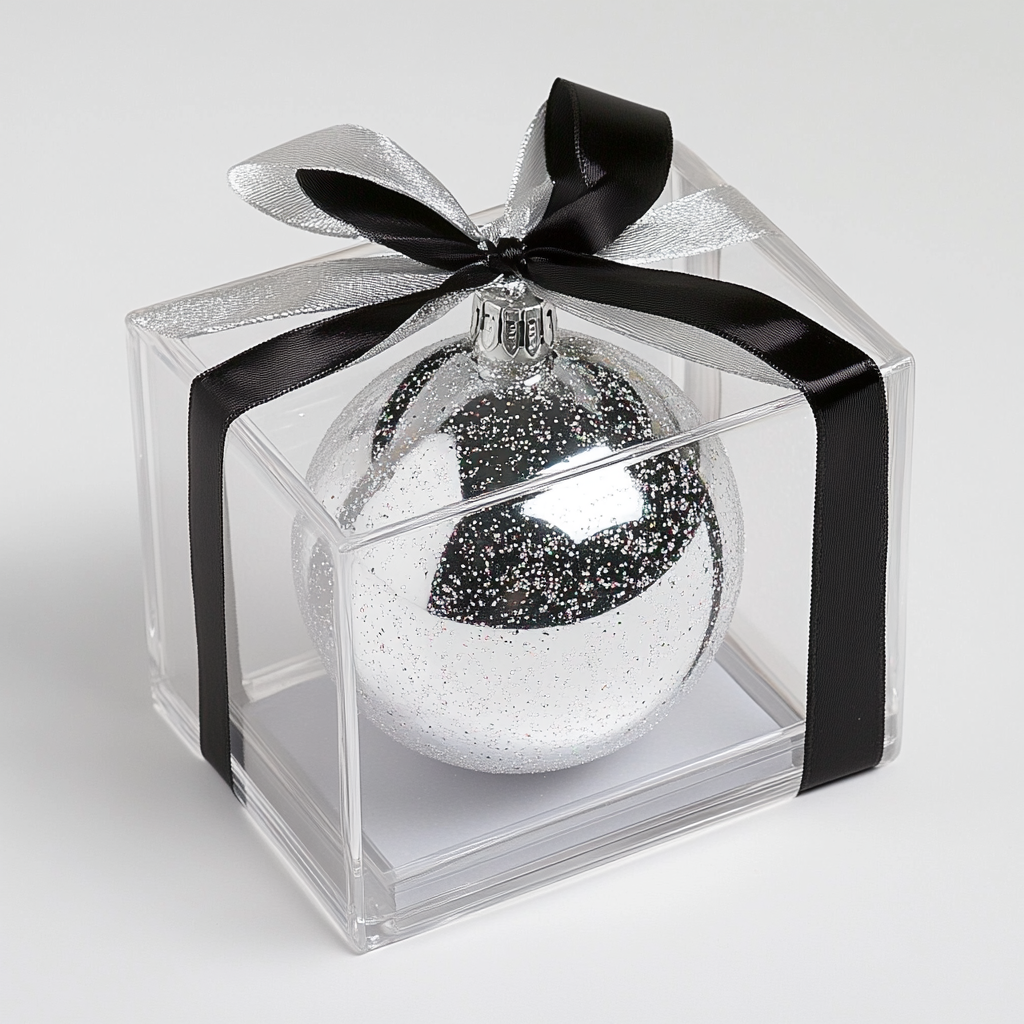 Square gift box with silver & black ribbon, white sphere.