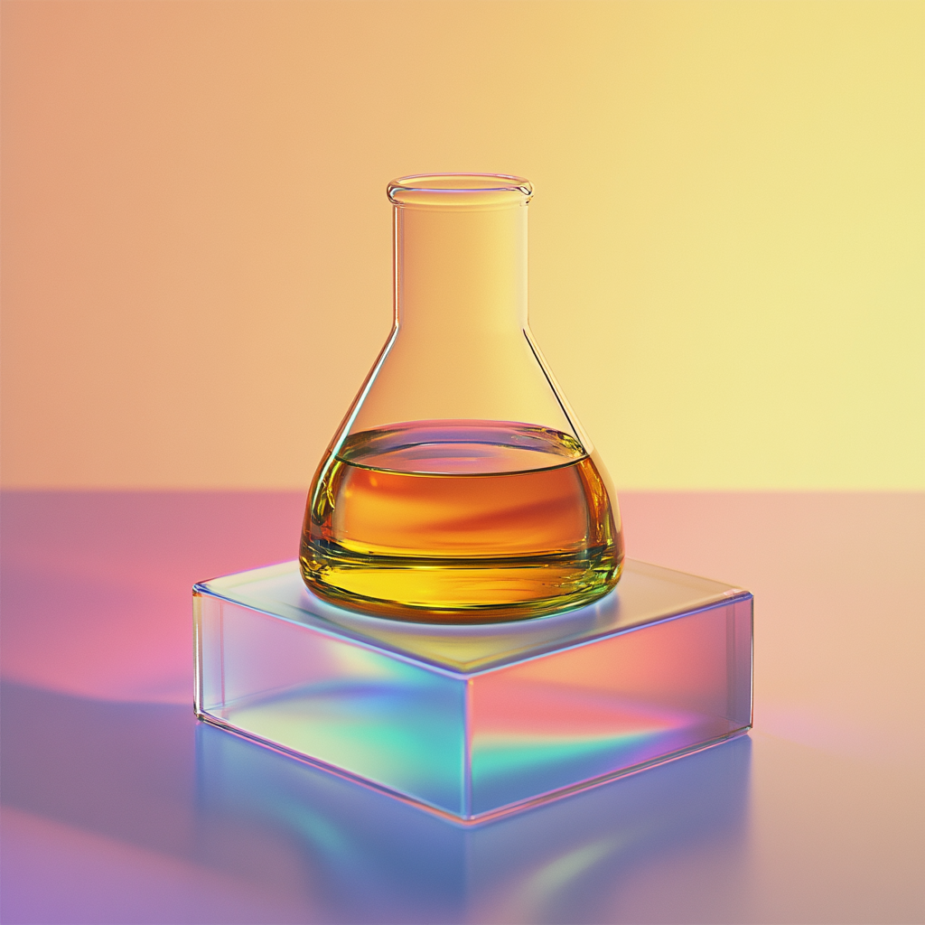 Square glass container with CBS oil, beaker, gradient background.