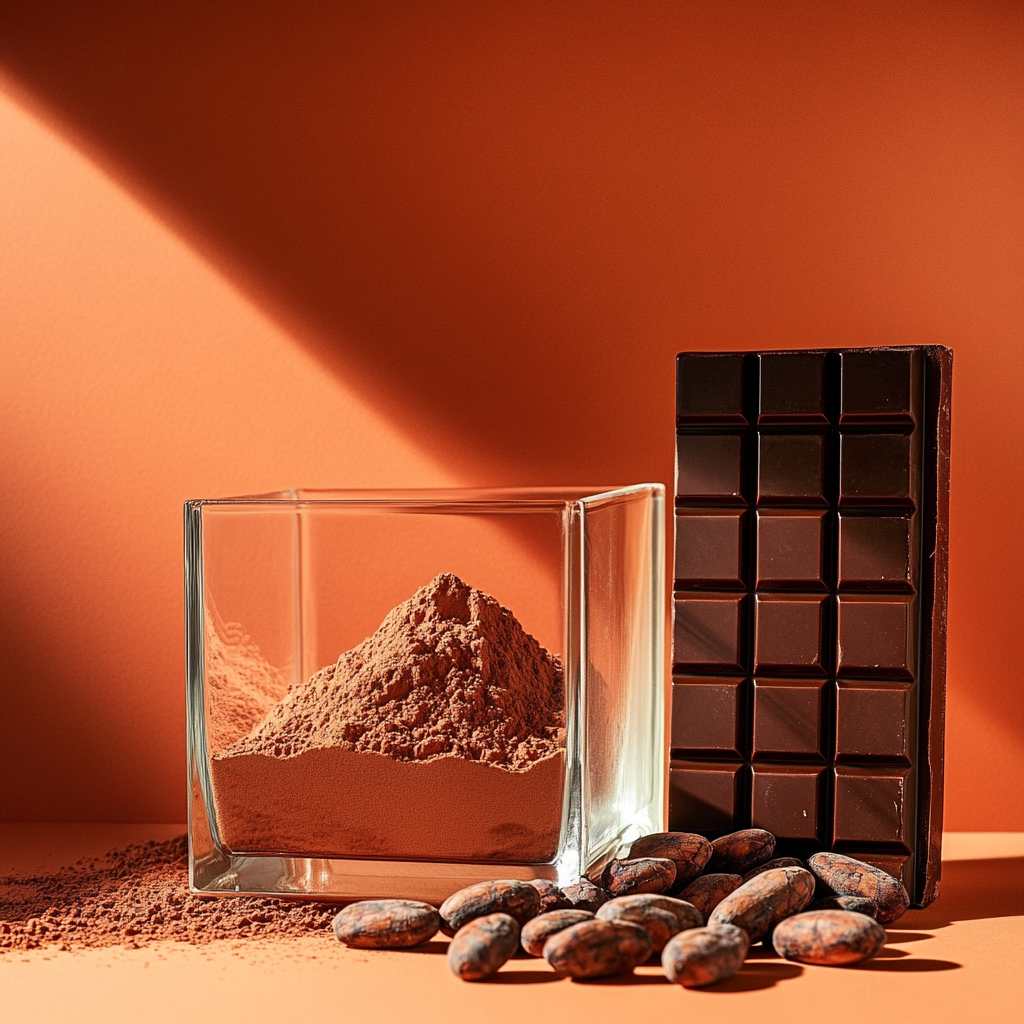 Square glass container with cocoa powder and cocoa beans.