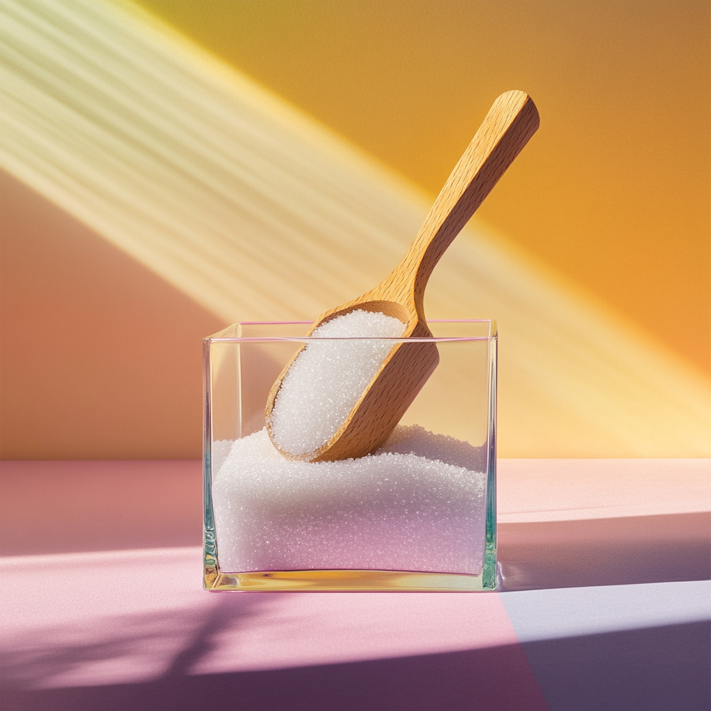 Square glass container with wooden scoop filled with sugar.