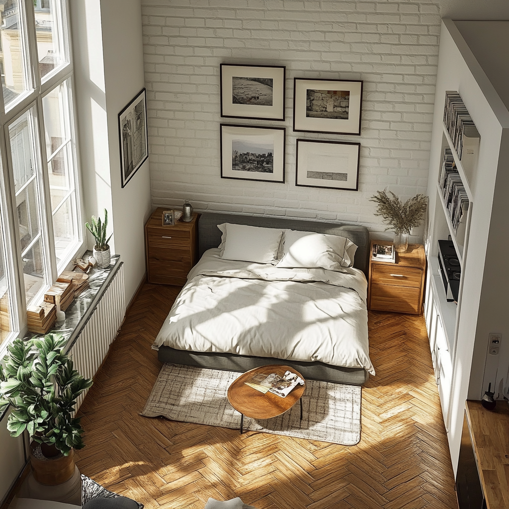 Square rectangle room with bed, table, chair, and drawers.