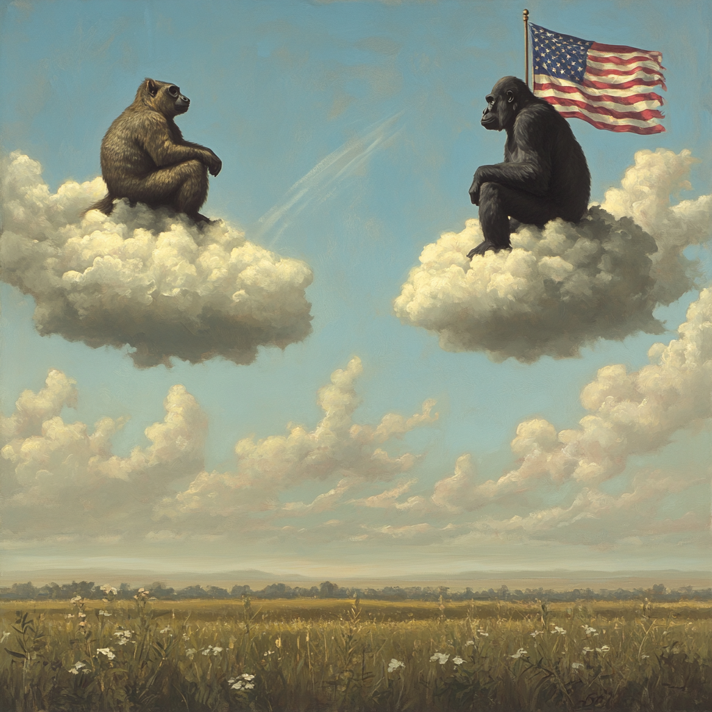 Squirrel and Gorilla meet on Clouds above Meadow.