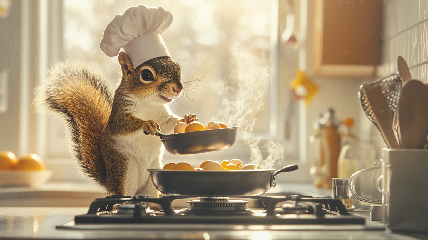 Squirrel chef on countertop making eggs in Pixar-style kitchen.