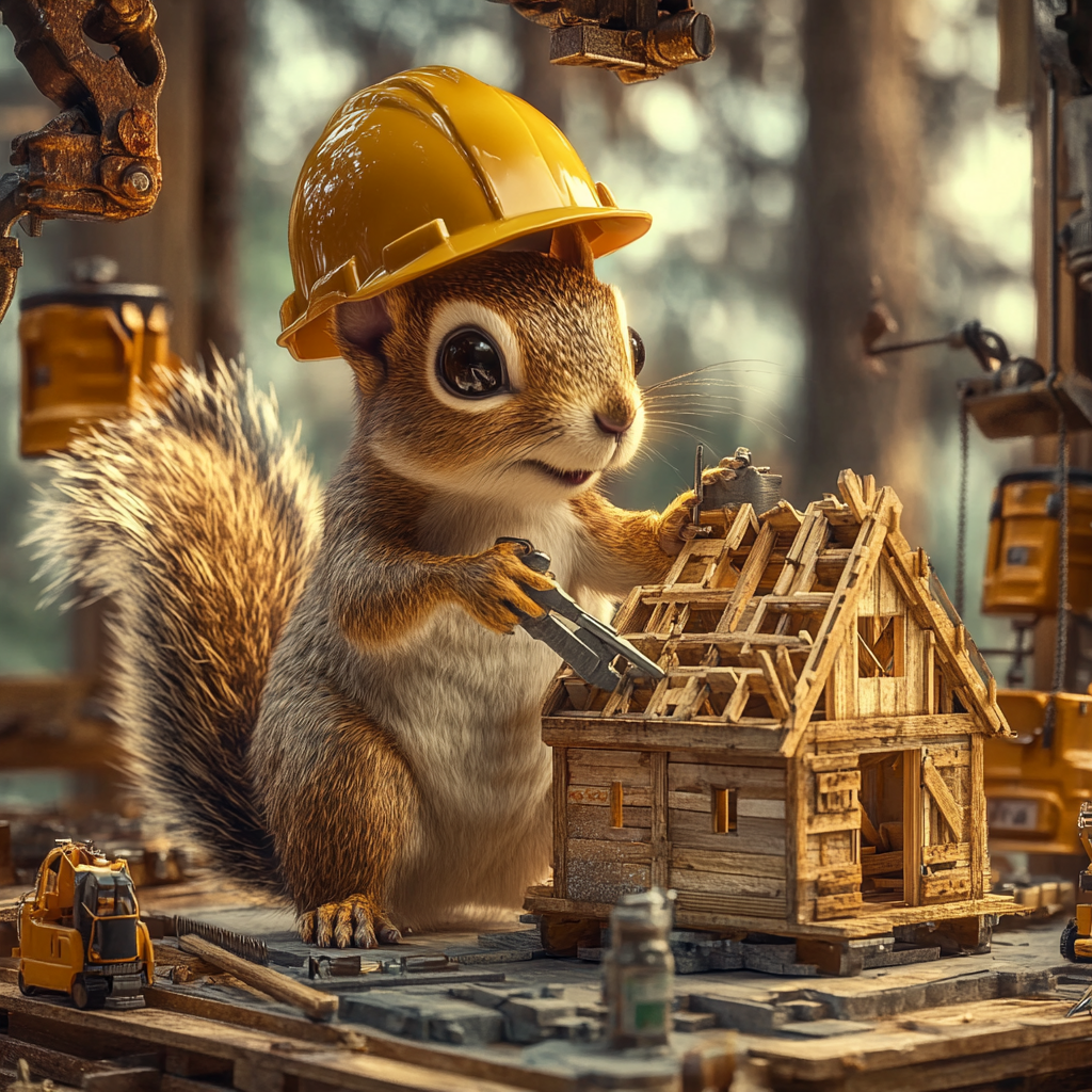 Squirrel engineer builds wooden cabin with tools and materials.