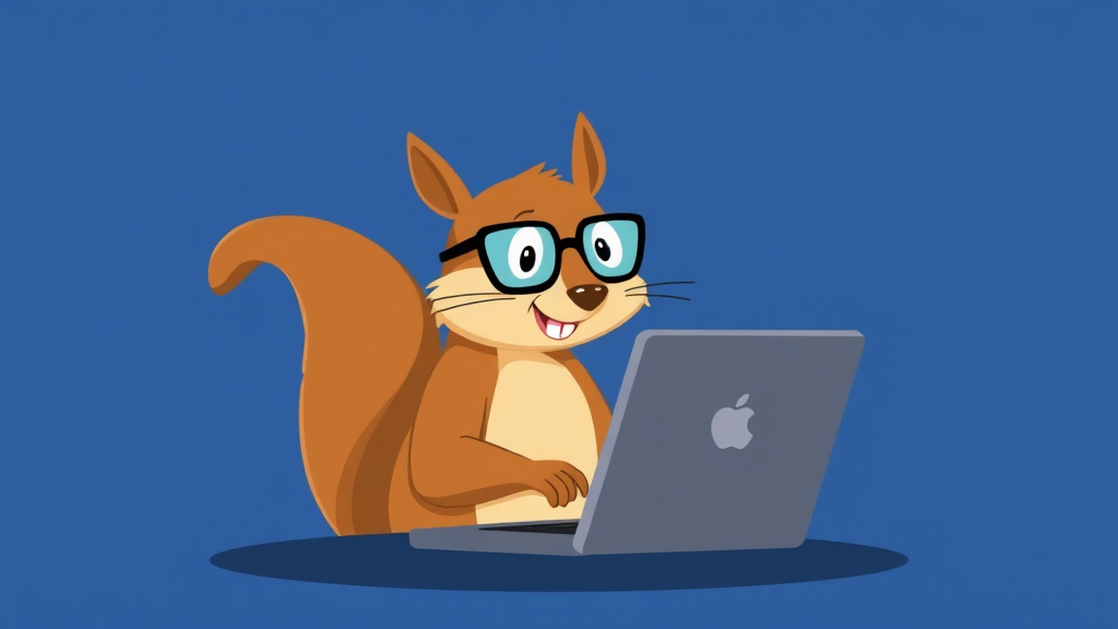 Squirrel with glasses typing on laptop for tips.