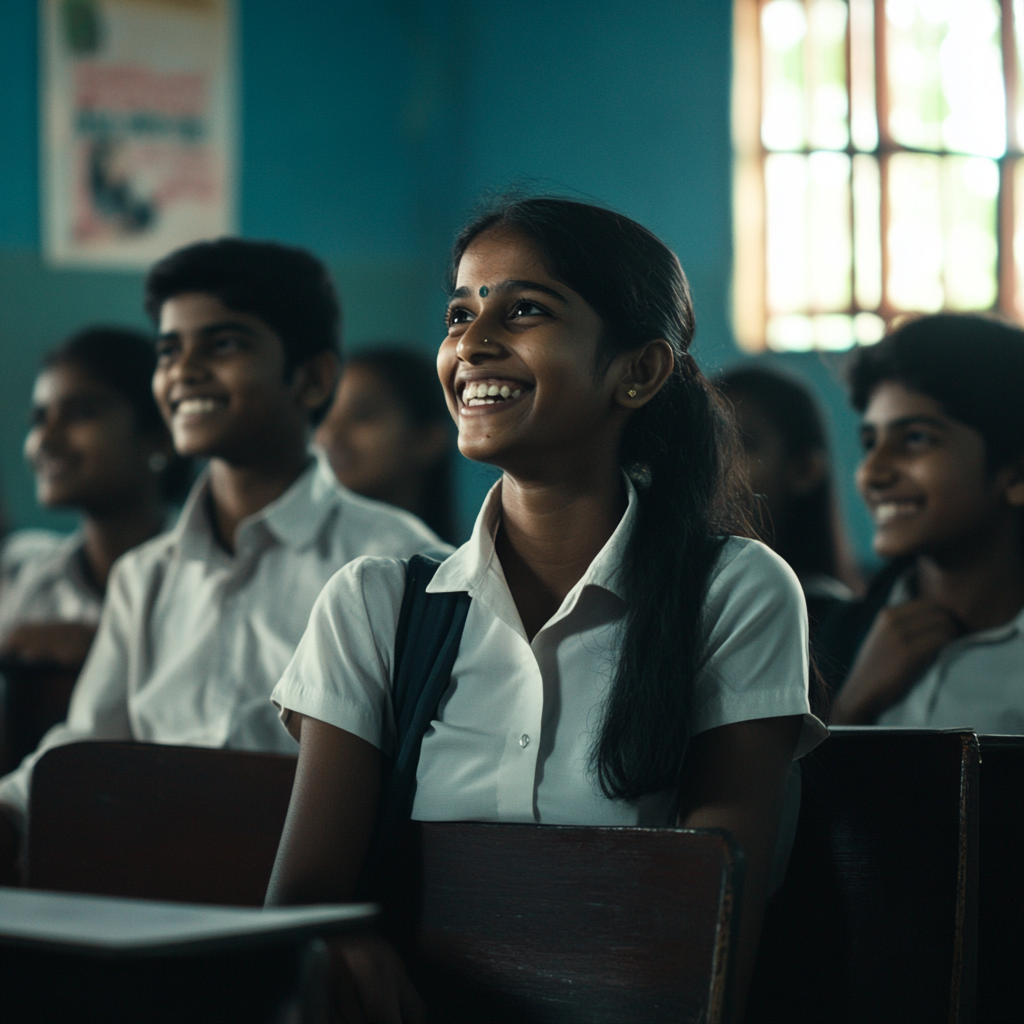 Sri Lankan students laughing in classroom, cinematic style.