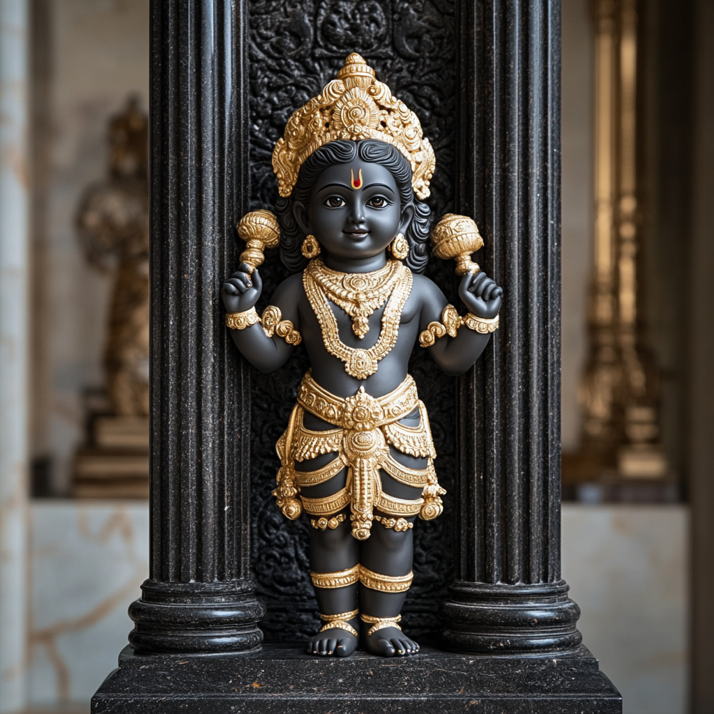 Sri Ram: Photorealistic Black Marble Sculpture with Golden Ornamentation.