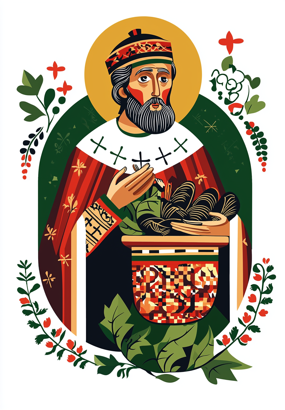 St Nicolas eats mussels in Slavic icon style