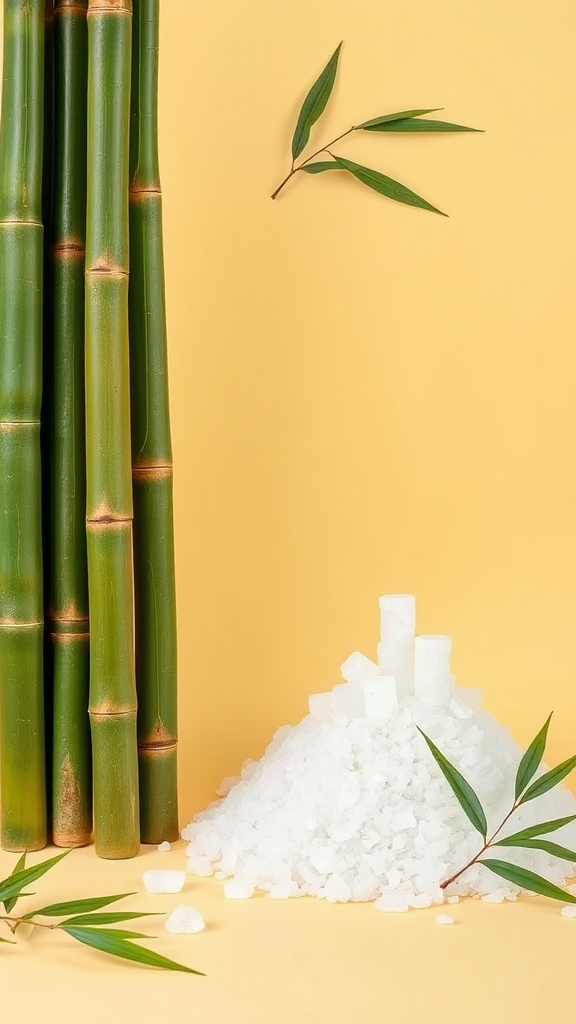 Stacked bamboo tubes, salt crystals on beige background