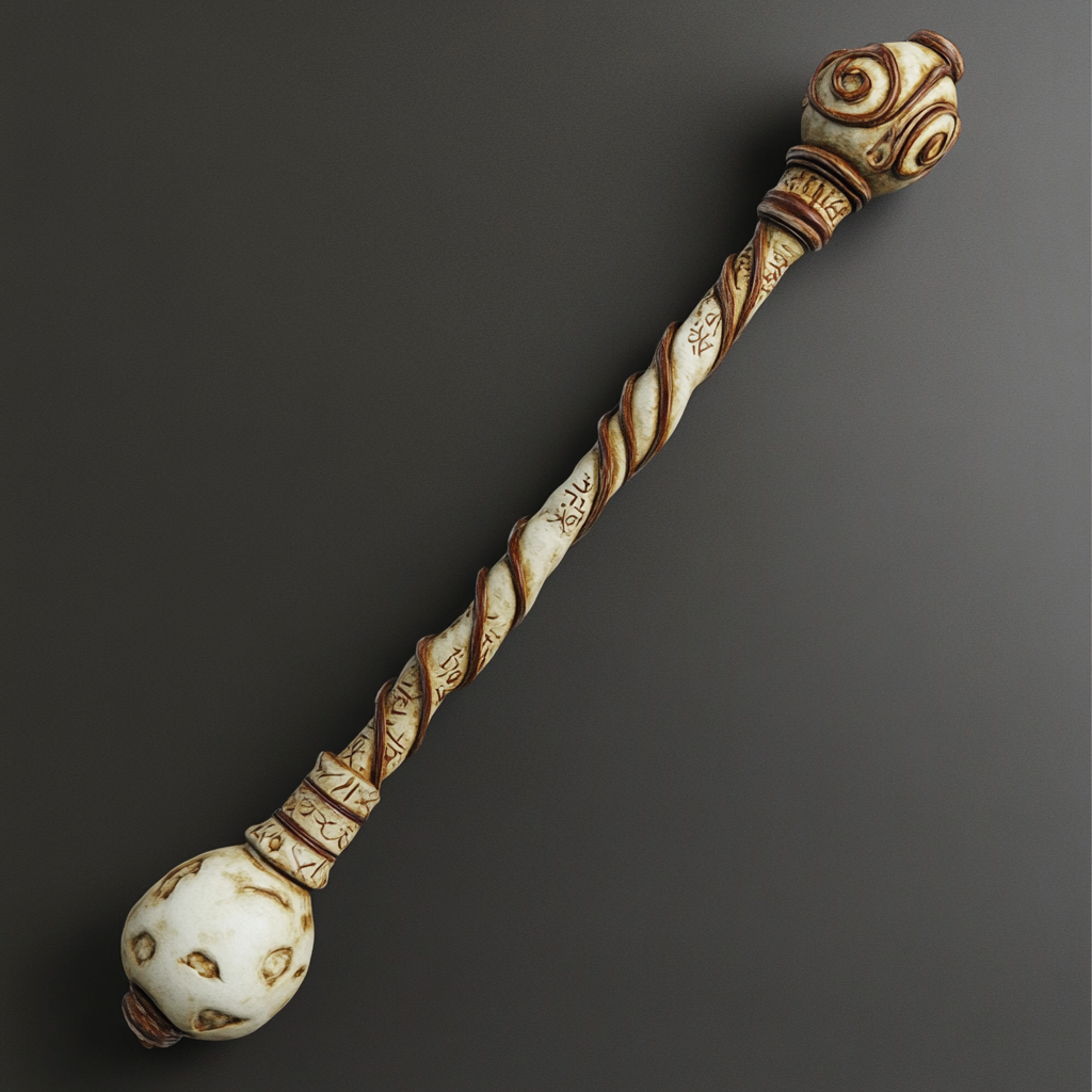 Staff made of bone with swirling maroon lines.