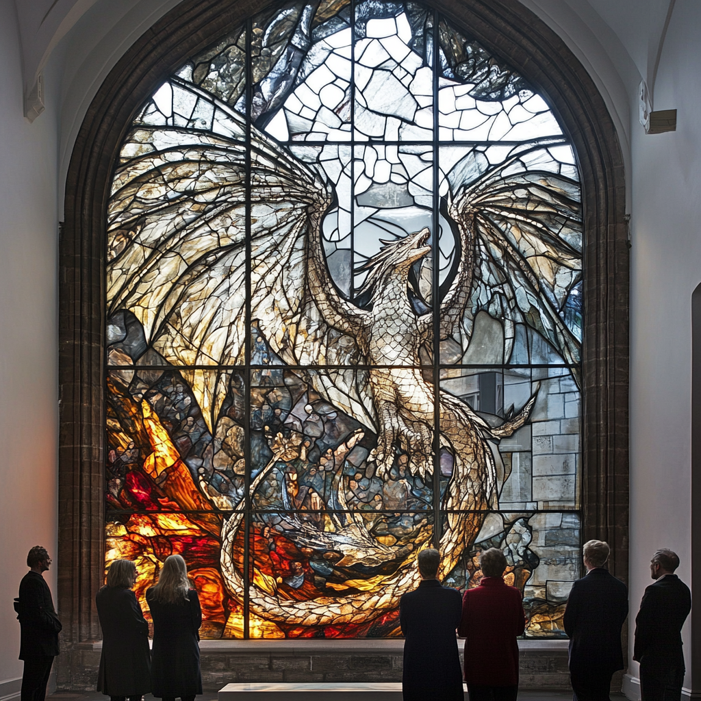 Stain glass window in church showing Silver Dragon talking.