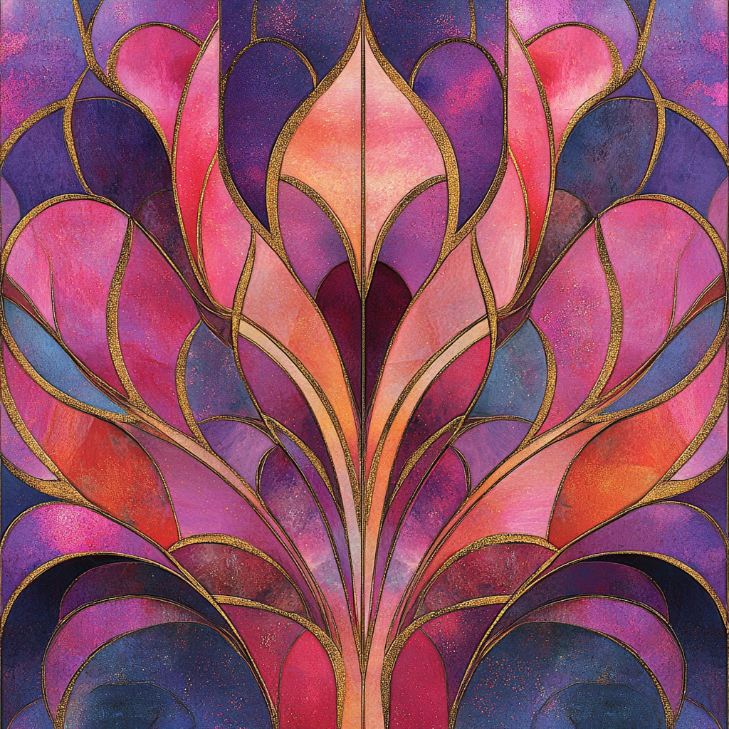 Stained glass design in pink and purple shades.