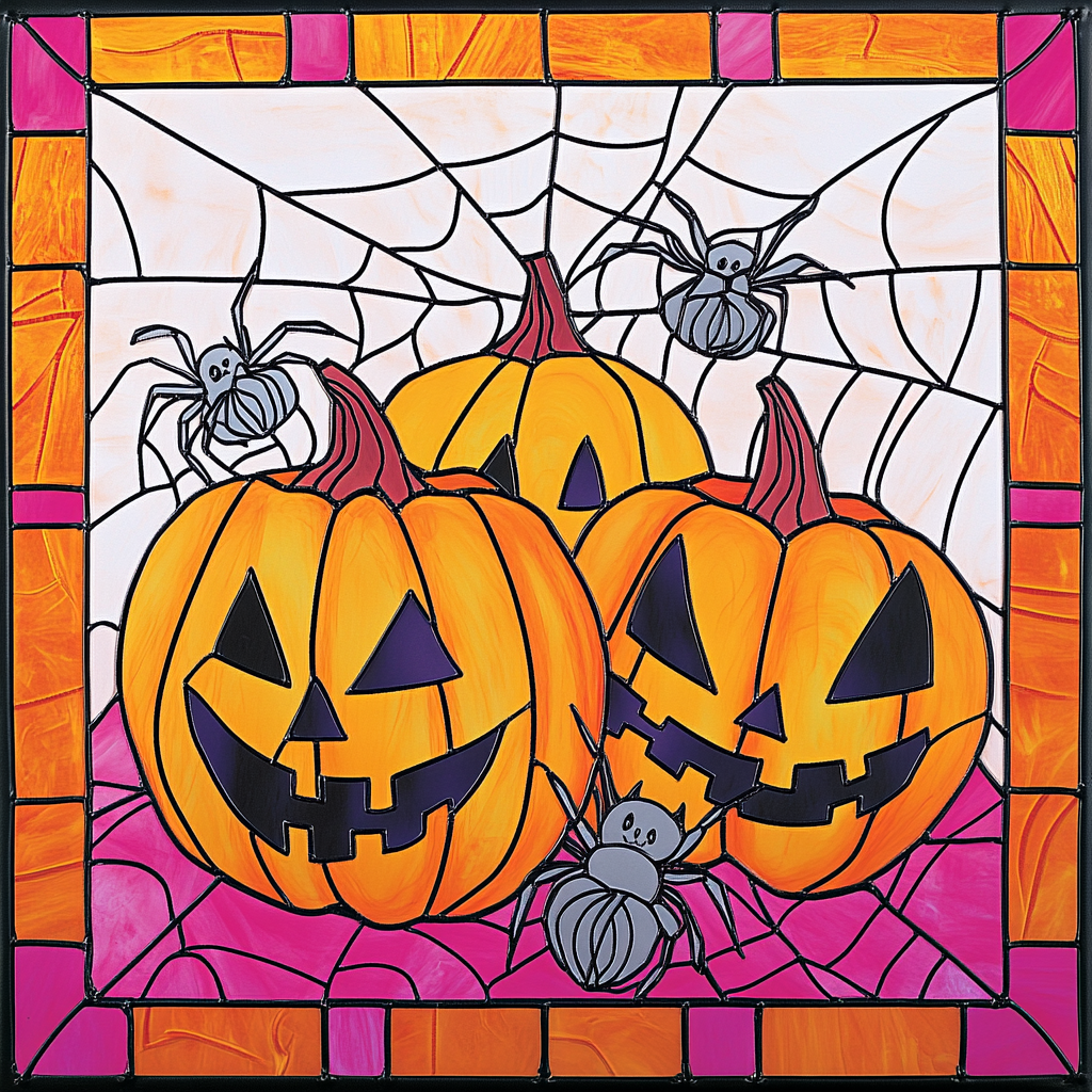 Stained glass image of jack-o-lanterns with grey spiders.