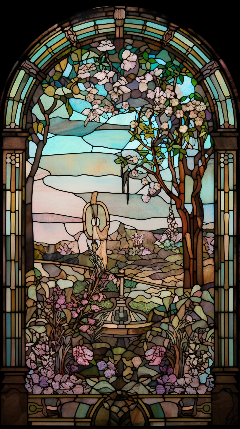 Stained glass medieval garden scene with flowers and fountain.