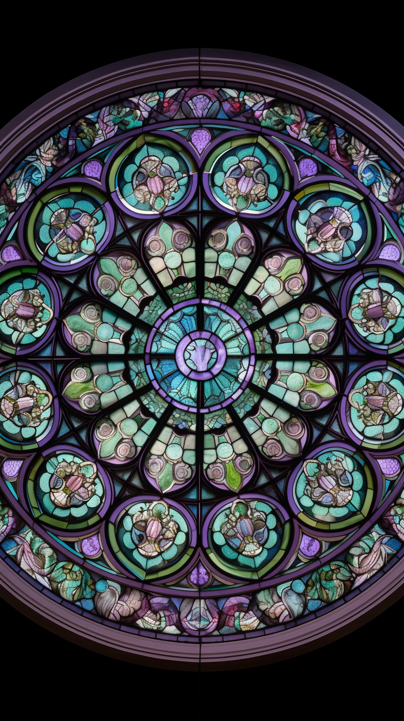 Stained glass rose window with intricate pastel design reflections.