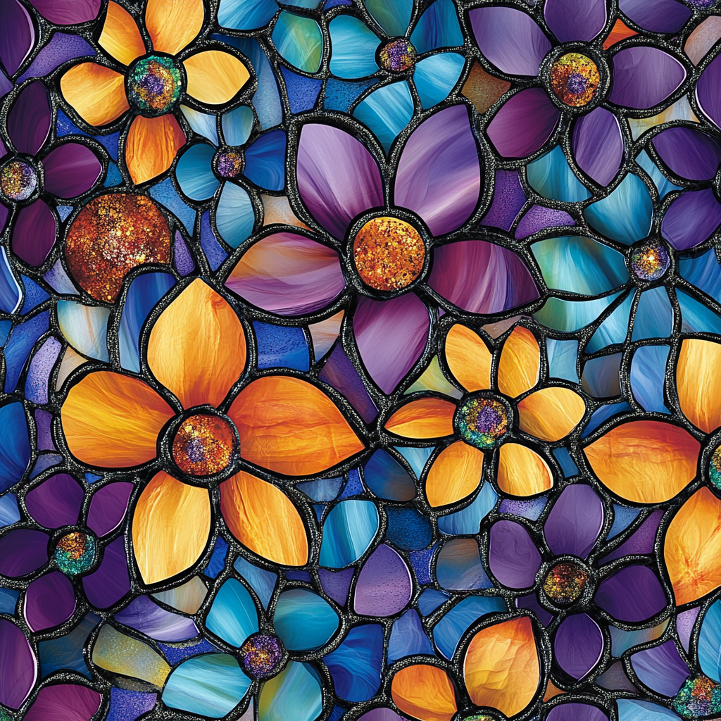 Stained glass style floral design with vibrant colors.