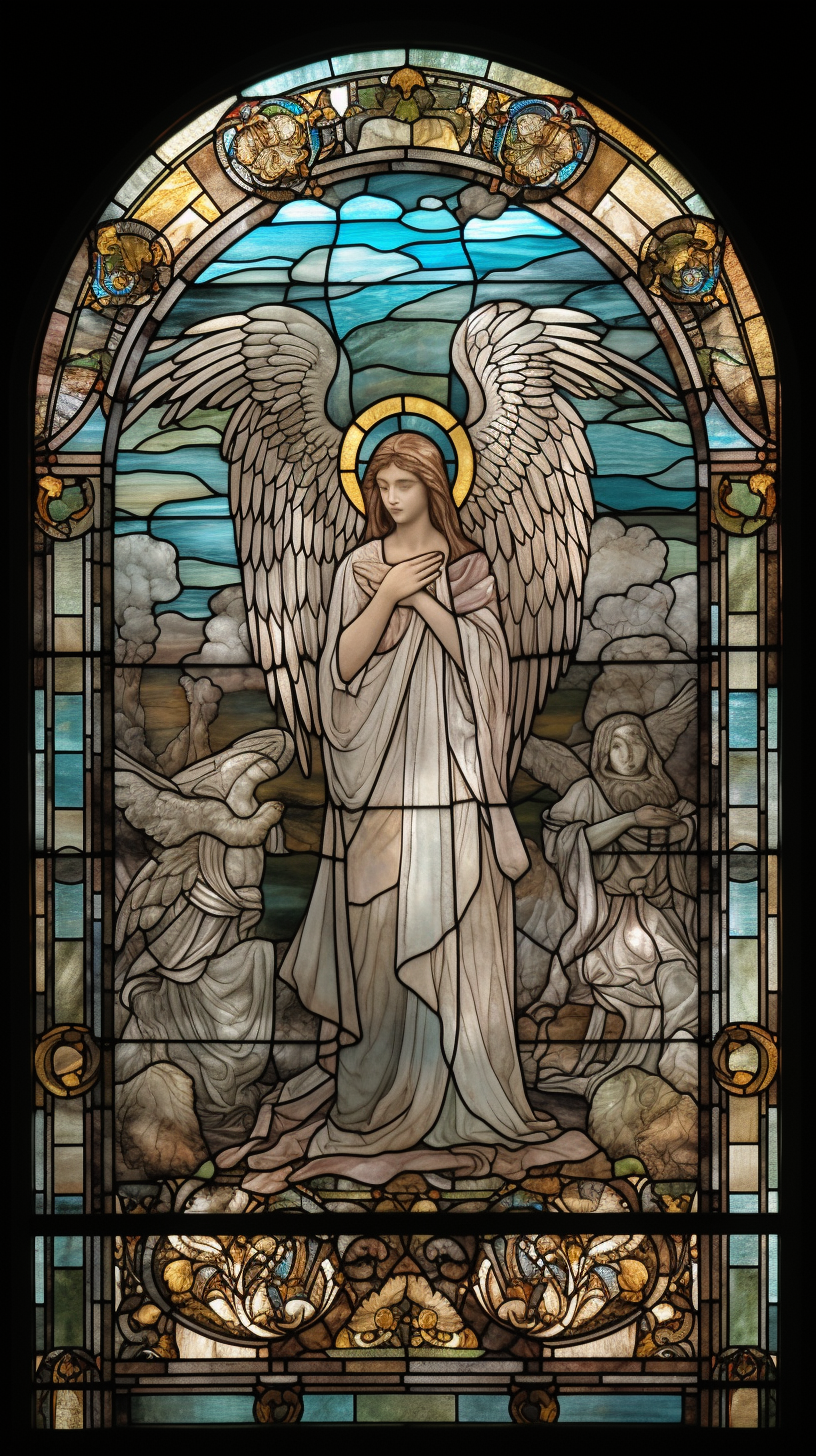 Stained glass window with angel and doves in pastel.