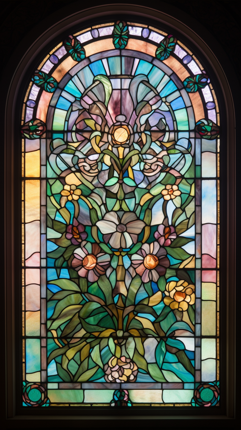 Stained glass window with sunflowers in soft pastel colors.