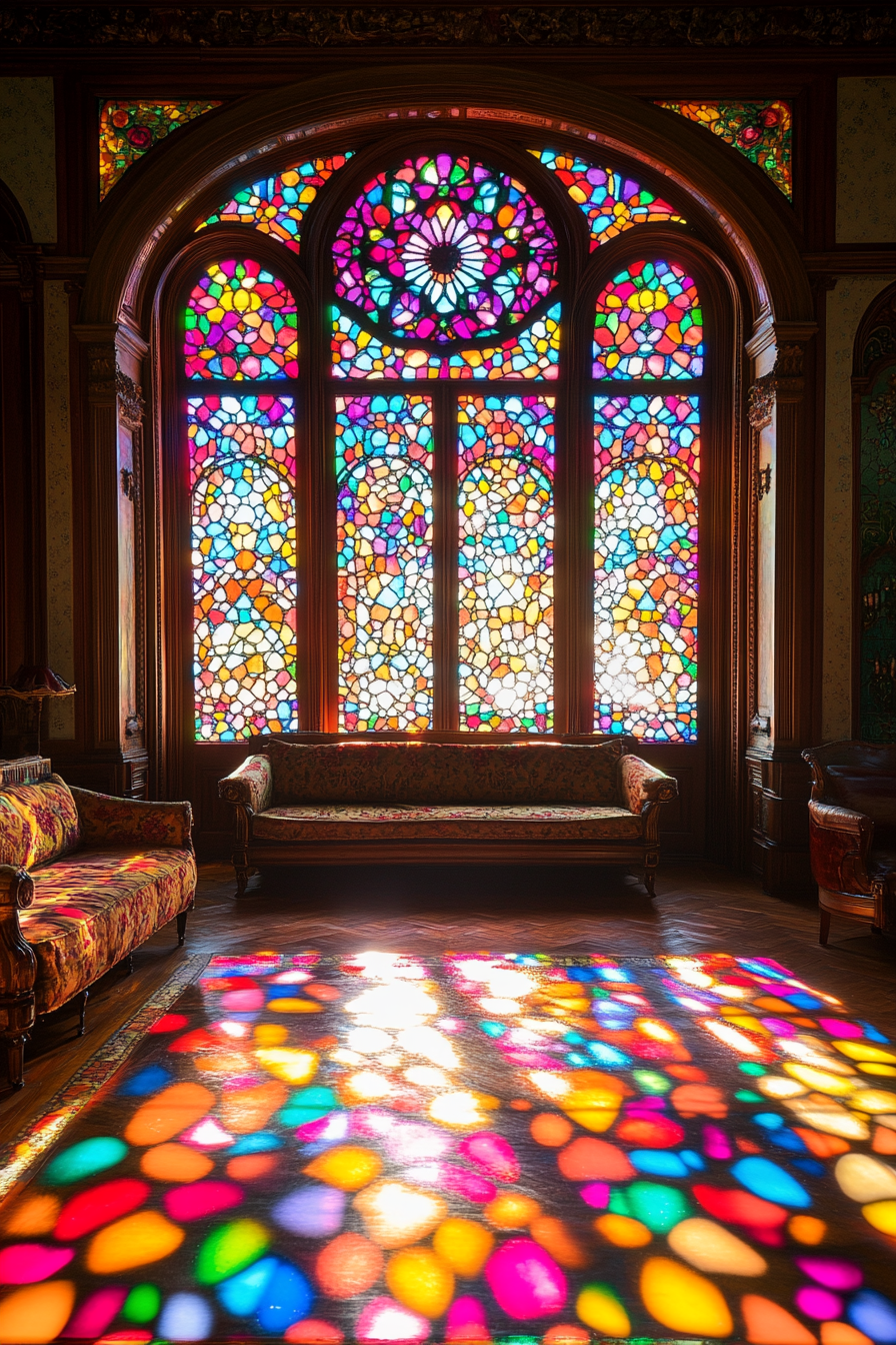 Stained glass windows illuminate modern gothic living space.