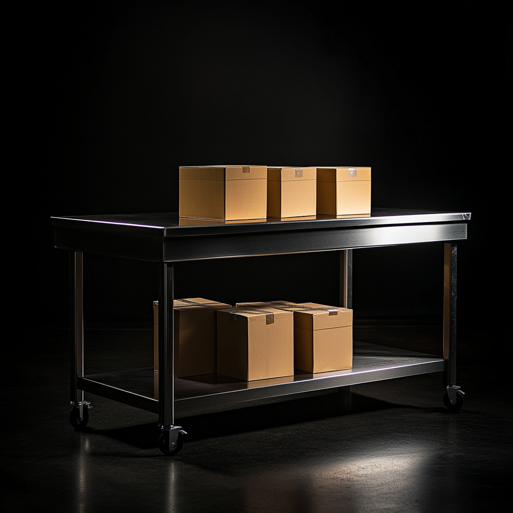 Stainless Steel Lab Table with Stacked Boxes, Cool Lighting