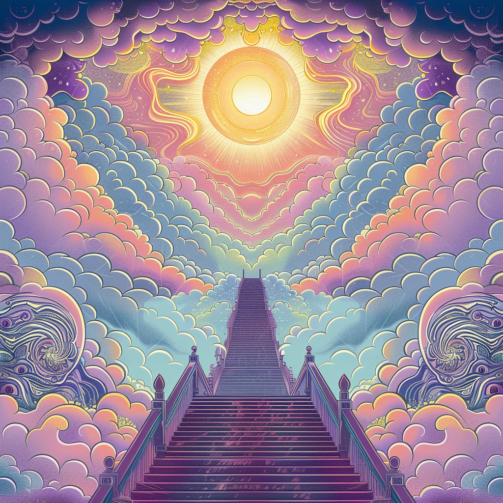 Stairs to heaven with angels and psychedelic background.