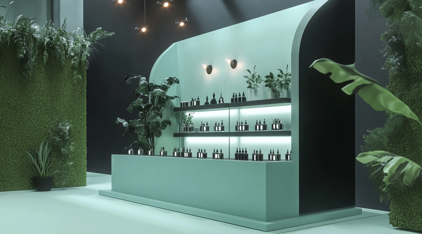 Stand for minty green & black perfume brand display.