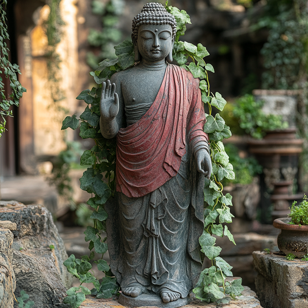 Standing Buddha statue with raised hand, red scarf, green plants