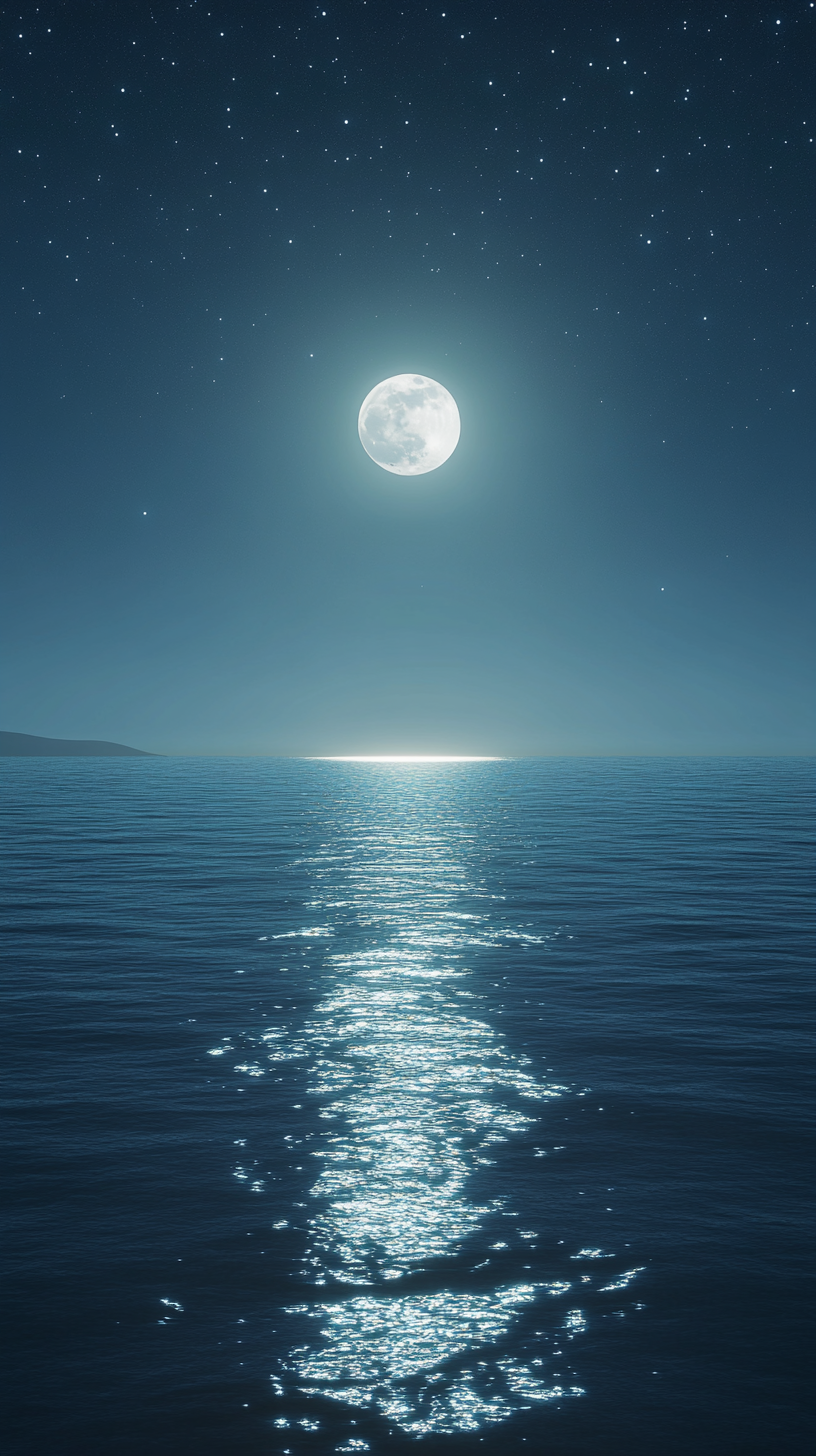 Standing on beach, watching sea under moonlit sky.