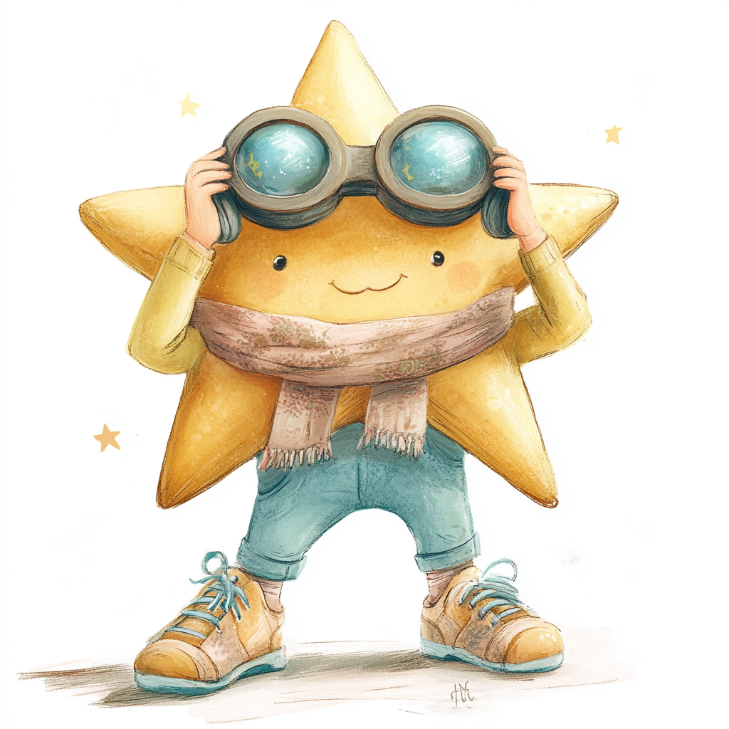 Star wearing scarf and sneakers, exploring with binoculars, adorable.