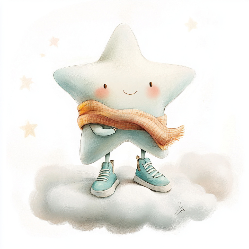 Star with scarf and shoes floating in sky on cloud.