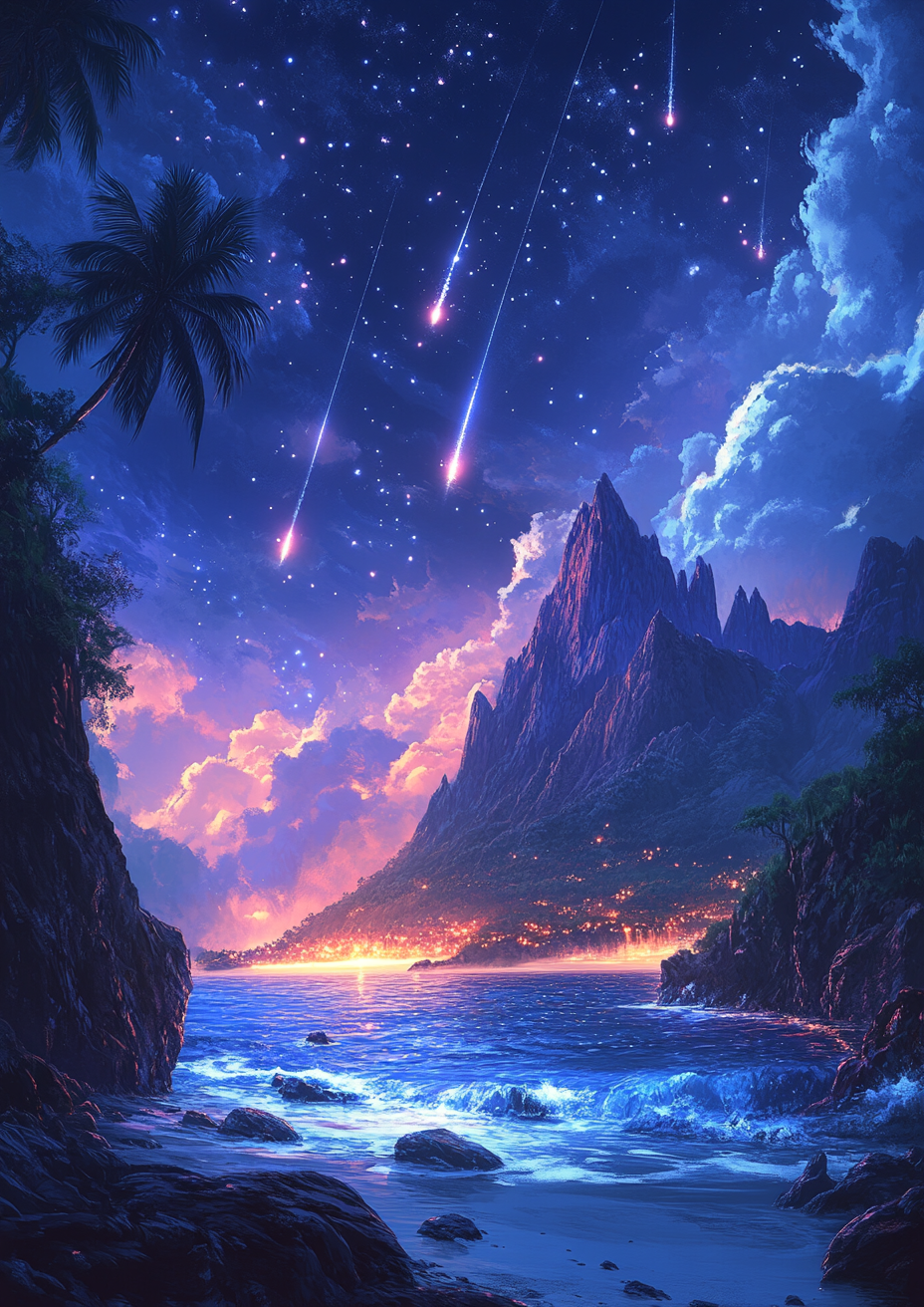 Starry Night by the Beach in Anime Style