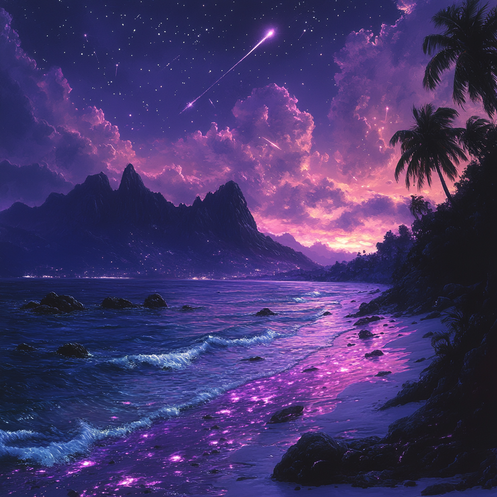 Starry night at beach with purple water flow