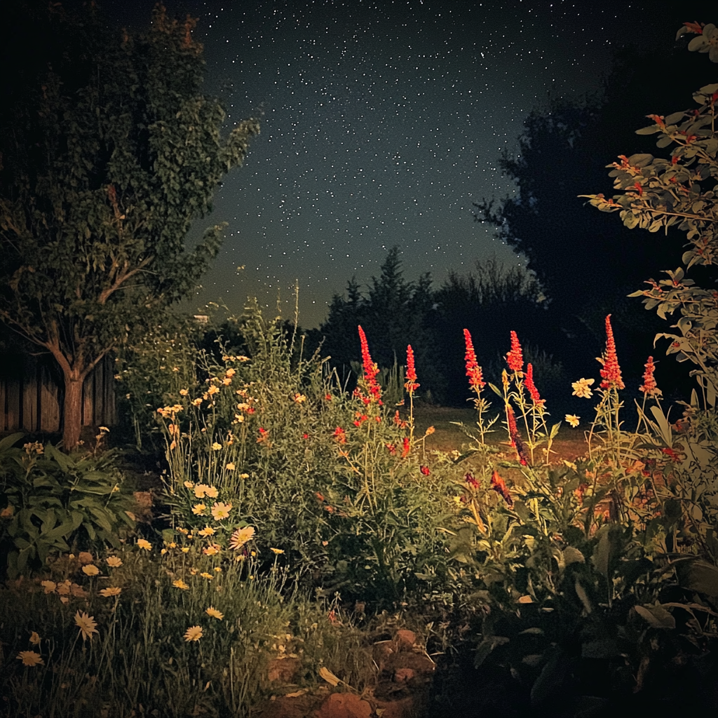 Starry night garden scene with moonlight on flowers - iPhone 15 pro