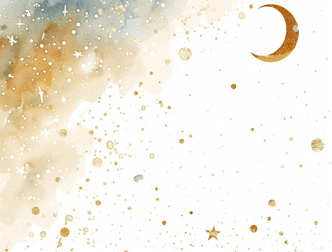 Starry sky with glittering gold dots and moon.