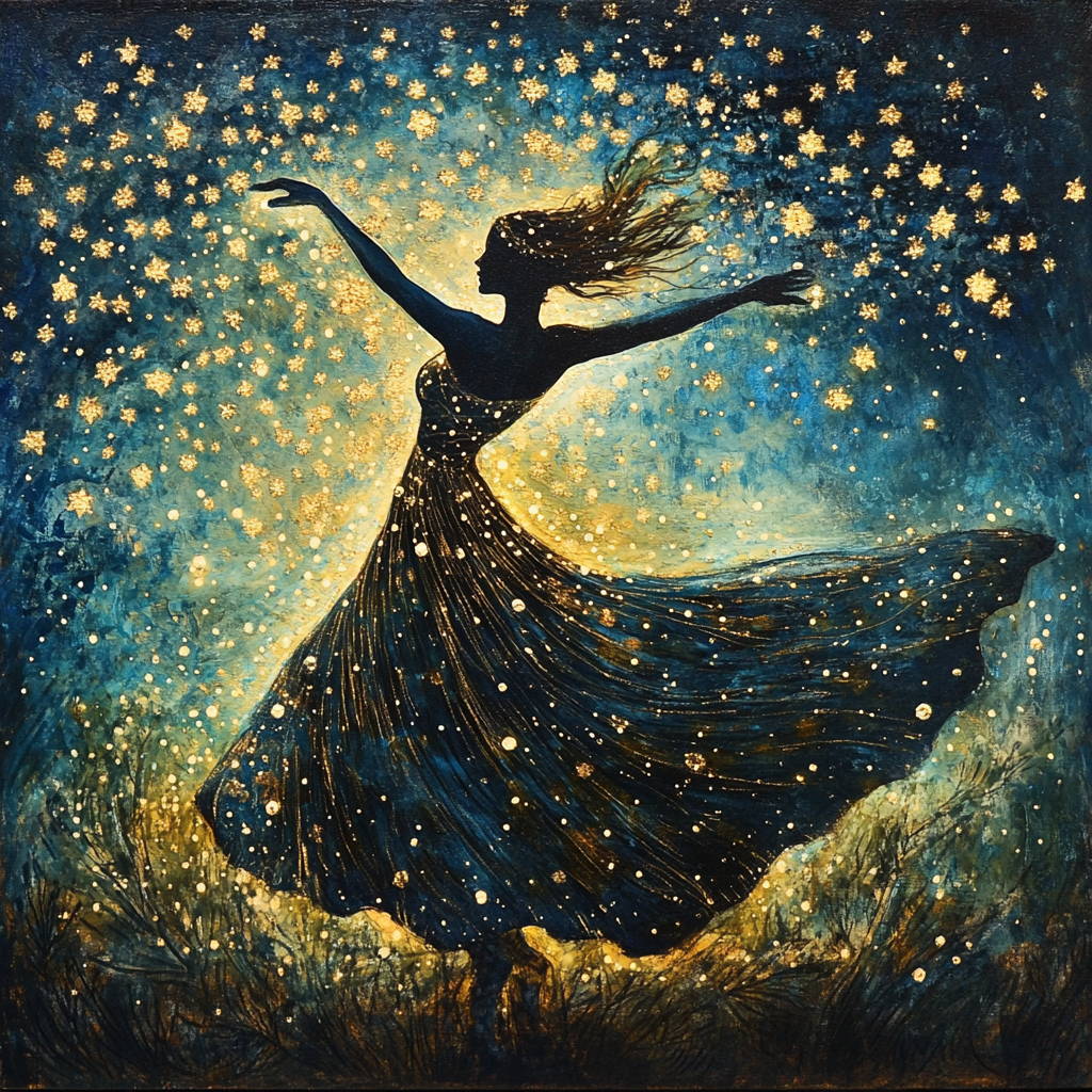 Stars shine, dance in night for happy woman.