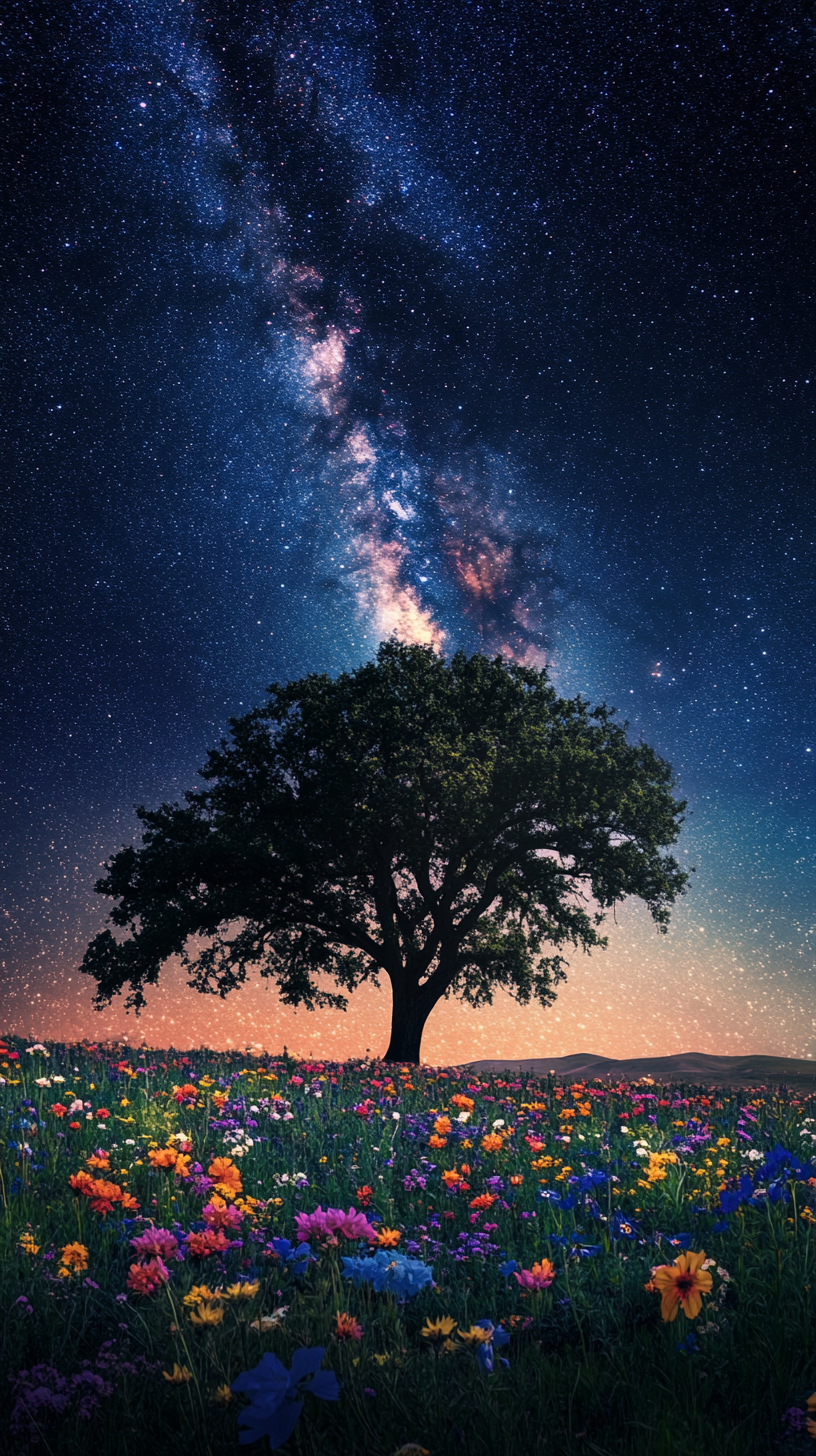 Stars twinkle in vast, cloudless sky above lone tree.