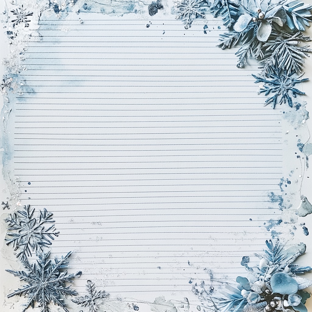 Stationery with silver snowflakes and blue splashes.