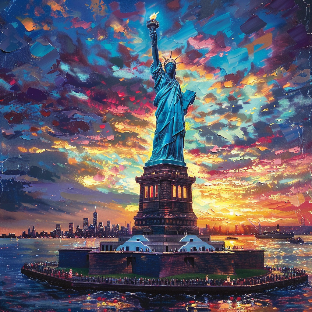 Statue of Liberty at sunset with patriotic banners.